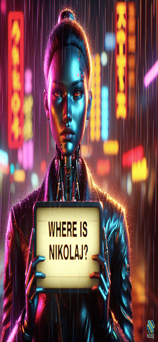 Cyborg Woman Holding Where Is Nikolaj Sign