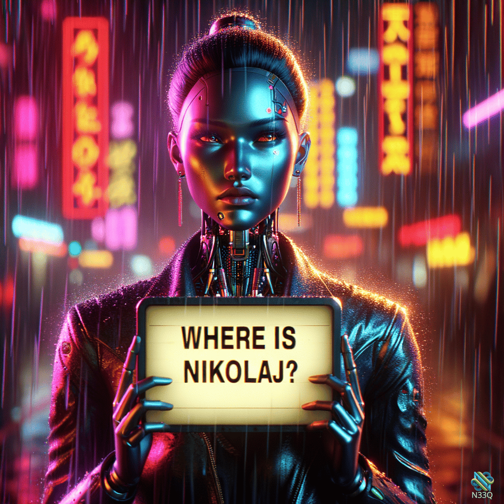 Cyborg Woman Holding Where Is Nikolaj Sign