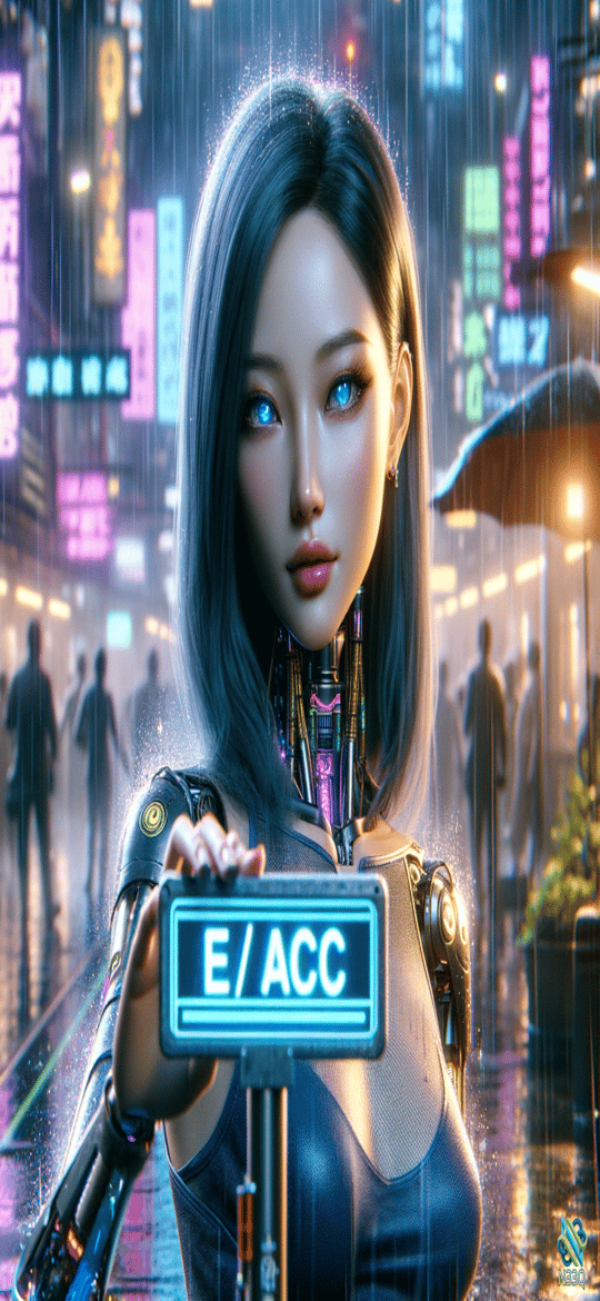 Cyborg Woman Holding E ACC Sign in Neon Rain
