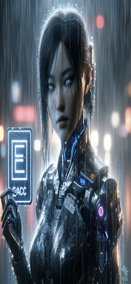Cyborg Woman Holding E-ACC Card in Rain