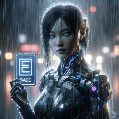Cyborg Woman Holding E-ACC Card in Rain