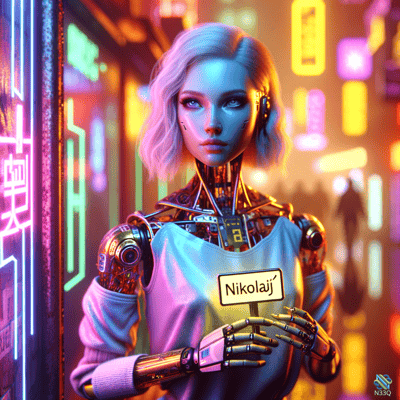 Cyborg Woman Holding Nikolaj Sign in Neon Alley