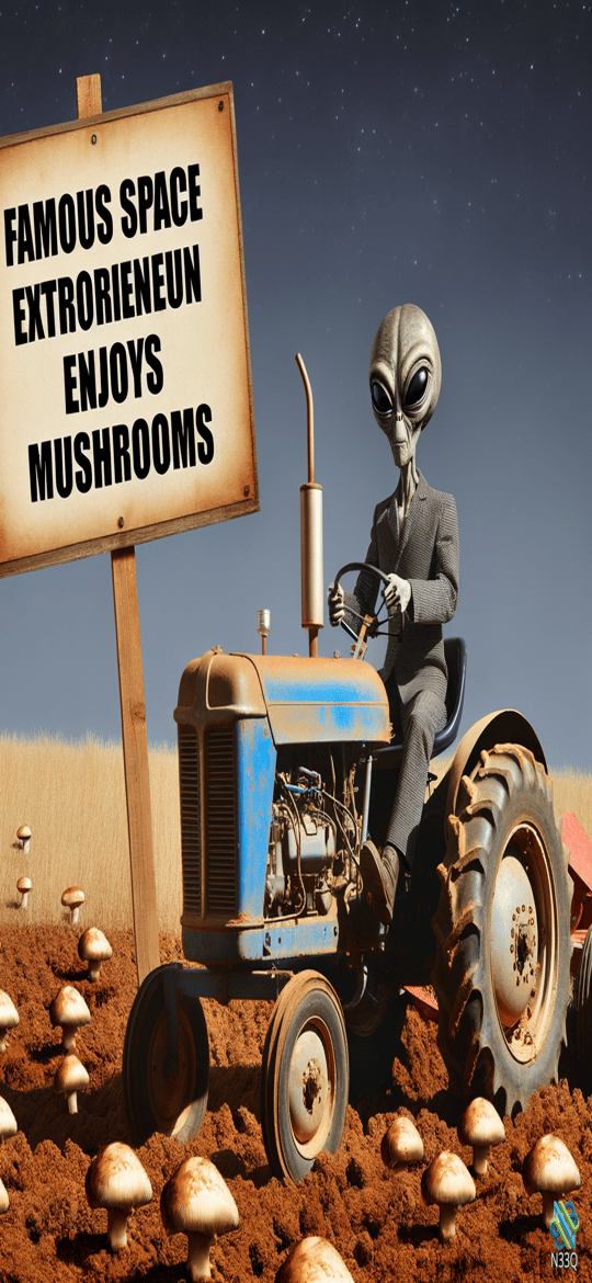 Alien on Tractor in Mushroom Field