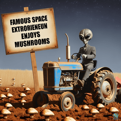 Alien on Tractor in Mushroom Field