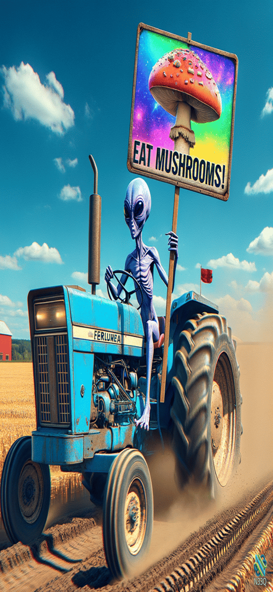 Gray Alien Driving Blue Tractor with Mushroom Sign