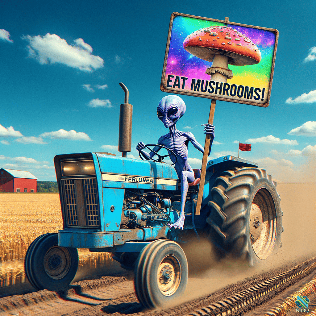 Gray Alien Driving Blue Tractor with Mushroom Sign