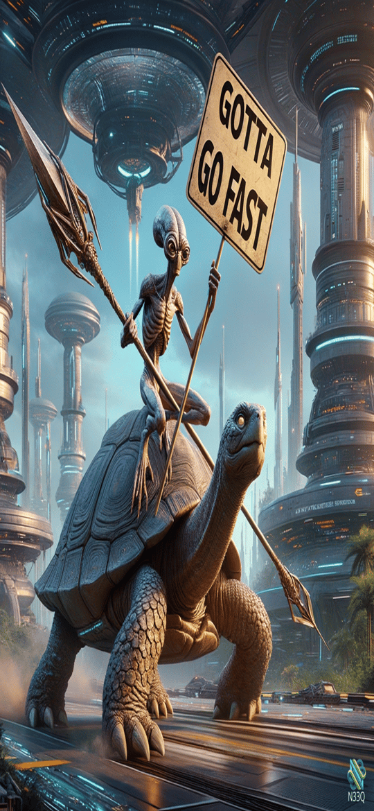 Skeleton Alien Riding Turtle in Futuristic City