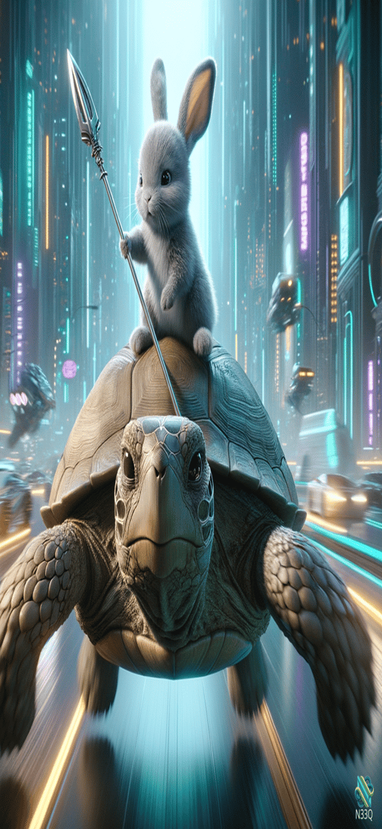 Rabbit with Spear Riding Turtle in Neon City