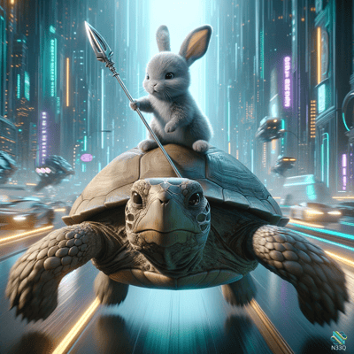 Rabbit with Spear Riding Turtle in Neon City