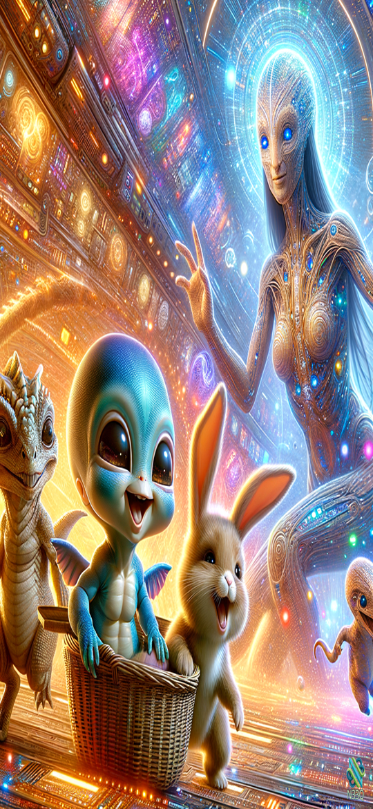 Blue Alien Baby and Rabbit in Spaceship