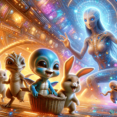 Blue Alien Baby and Rabbit in Spaceship