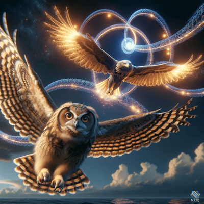 Two Owls Soaring Through Cosmic Energy Rings