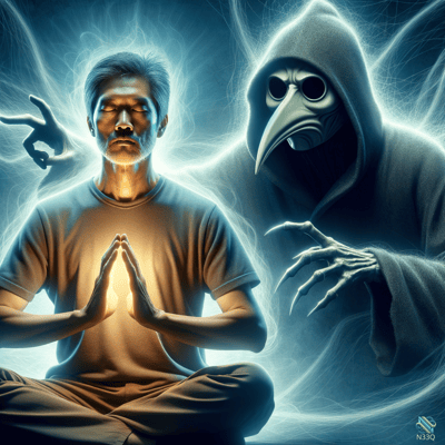 Meditating Man Facing Dark Plague Doctor Spirit
