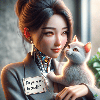 Cybernetic Woman Holding White Cat
