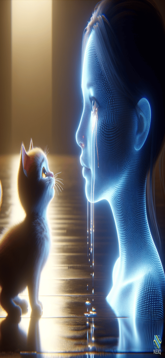 Holographic Woman Crying to Curious Kitten