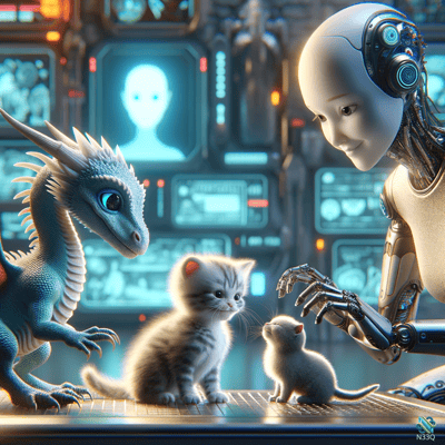 Robot Reaching Toward Kittens and Blue Dragon