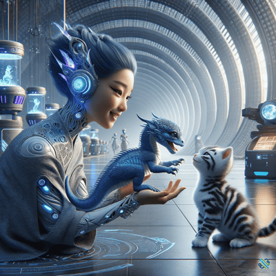 Cybernetic Woman Offers Blue Dragon to Striped Cat
