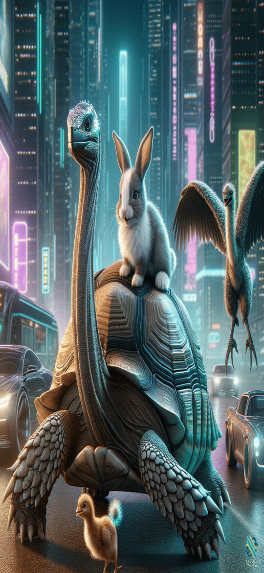Giant Turtle with Rabbit in Neon City