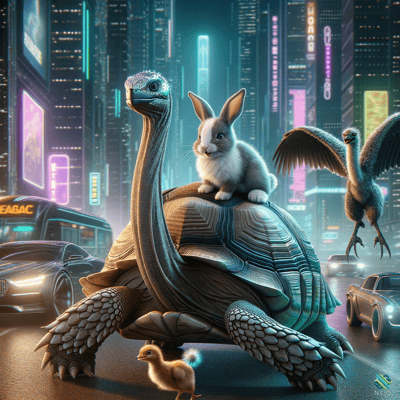 Giant Turtle with Rabbit in Neon City