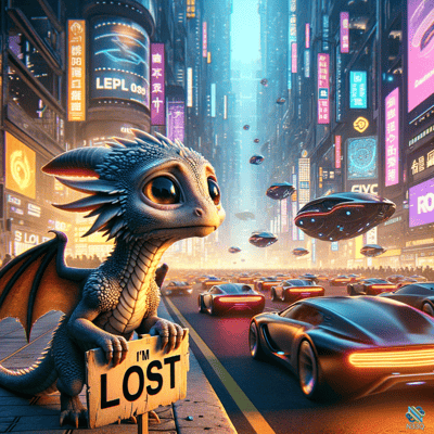 Baby Dragon Lost in Neon Cyberpunk City
