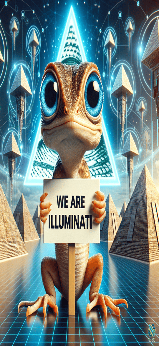 Lizard Holding Illuminati Sign Amid Glowing Pyramids