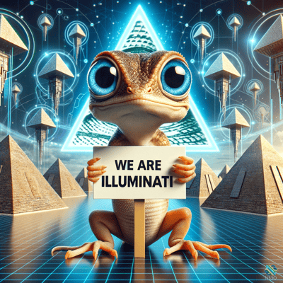 Lizard Holding Illuminati Sign Amid Glowing Pyramids