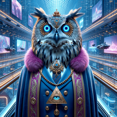 Crowned Owl in Futuristic Neon Corridor