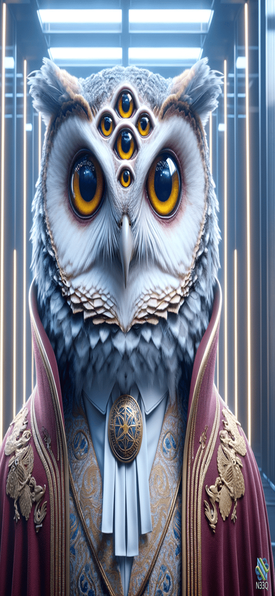 Multi-Eyed Owl in Burgundy Robe