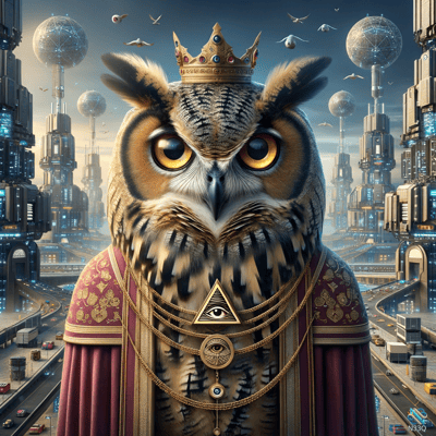 Crowned Owl King Over Futuristic Metropolis