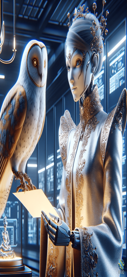 Cyborg Woman and Owl Examining Document