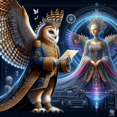 Crowned Owl Presenting Letter to Ethereal Goddess