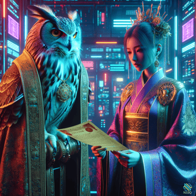 Anthropomorphic Owl and Woman Examining Scroll
