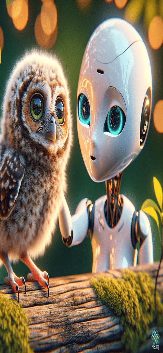 Baby Owl and White Robot on Log