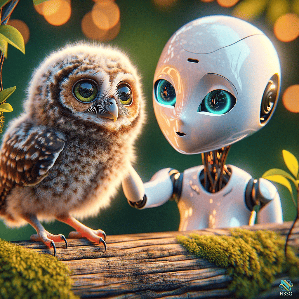 Baby Owl and White Robot on Log