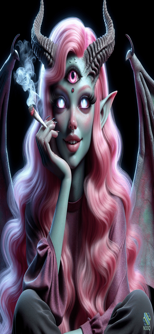 Pink-Haired Demoness Smoking with Third Eye
