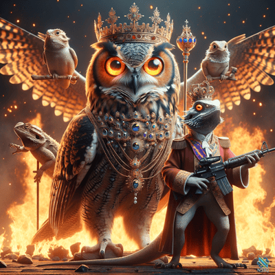 Crowned Owl and Armed Lizard King in Flames