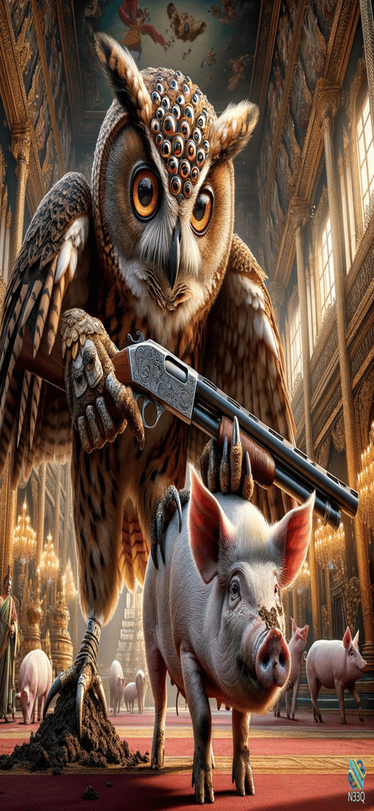 Owl with Shotgun Standing on Pig