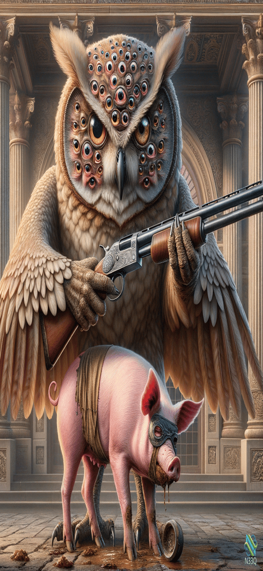 Multi-Eyed Owl Aiming Shotgun at Masked Pig