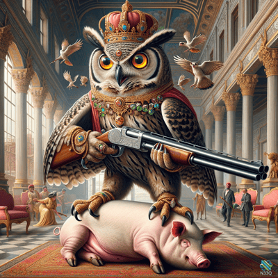 Crowned Owl King with Shotgun on Pig