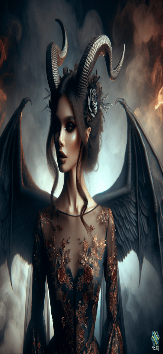 Horned Demoness with Black Wings in Gown