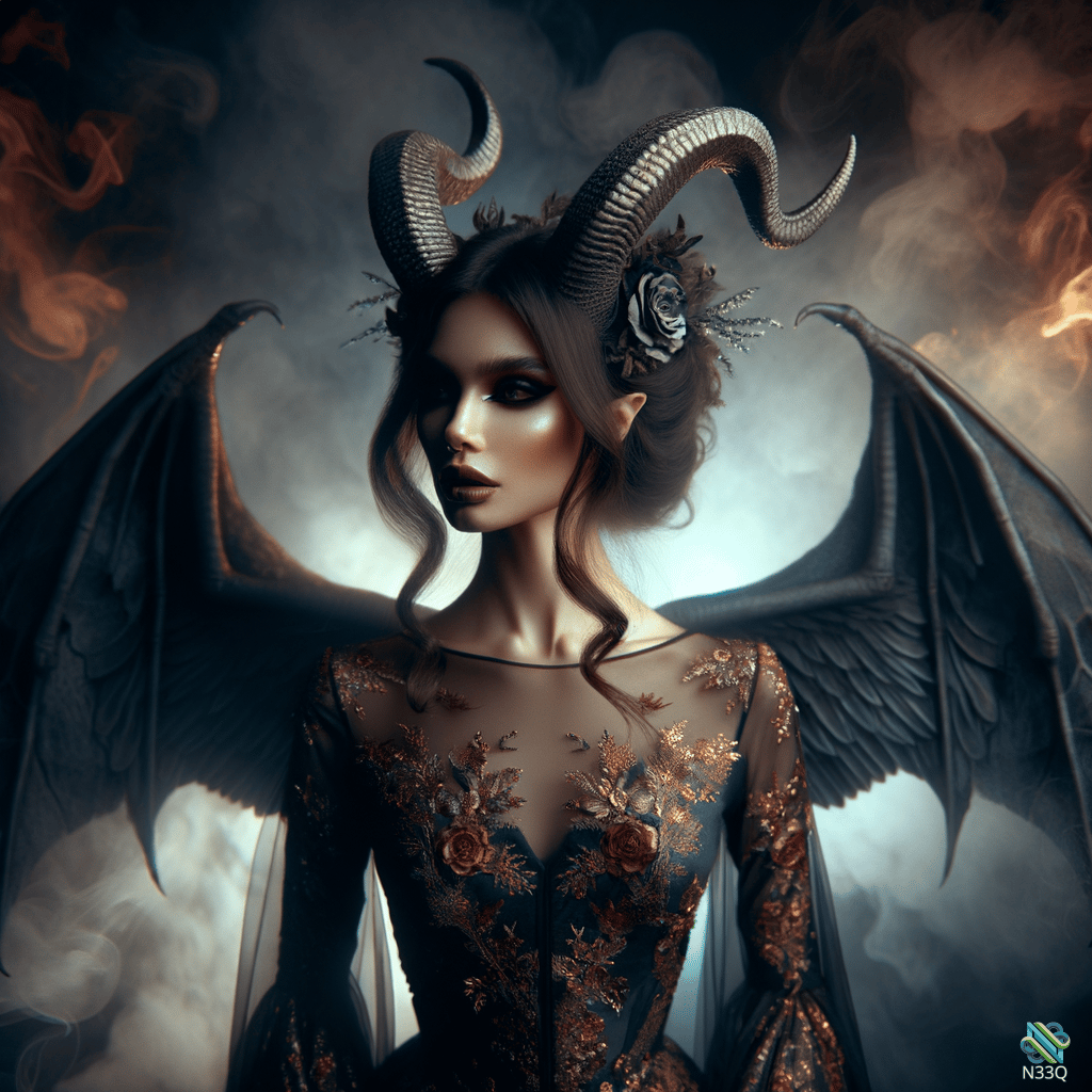 Horned Demoness with Black Wings in Gown