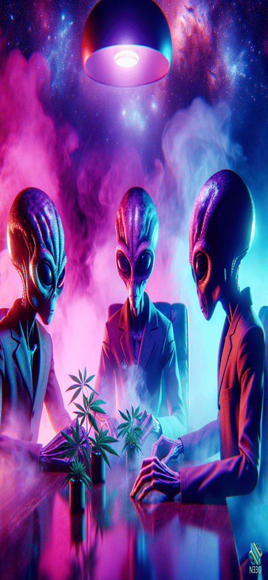 Three Aliens in Suits at Cosmic Table