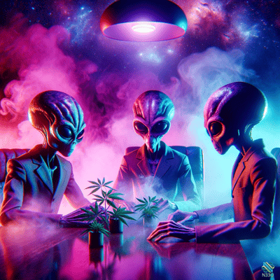 Three Aliens in Suits at Cosmic Table