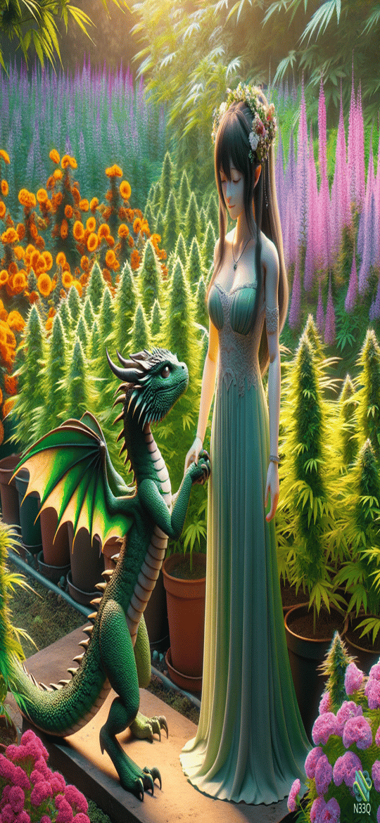 Woman and Green Dragon in Flower Garden