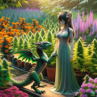 Woman and Green Dragon in Flower Garden