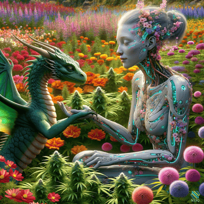 Cyborg Woman and Green Dragon in Flower Field