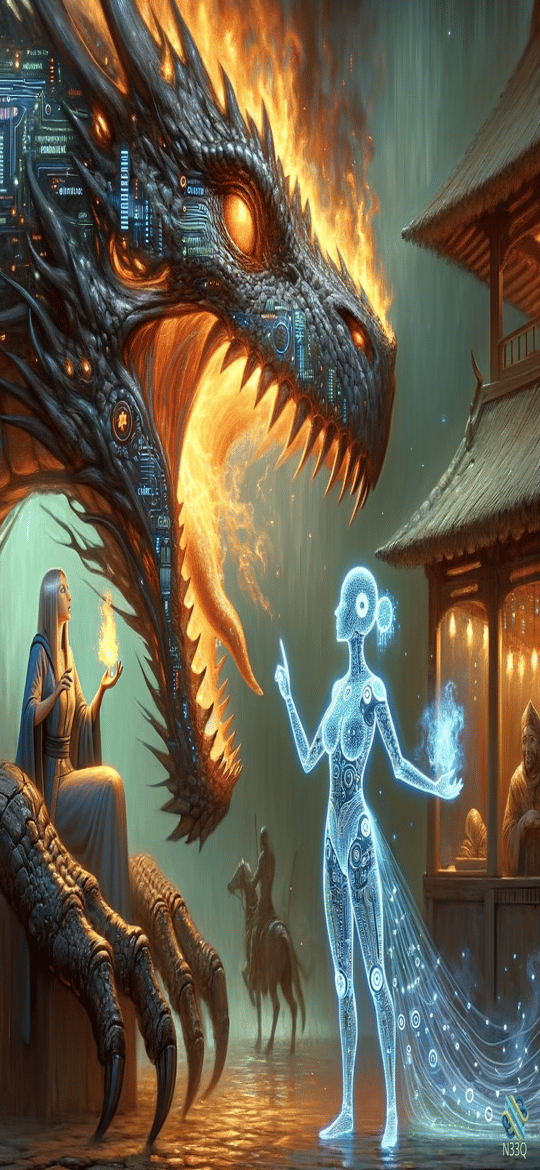 Cyber Dragon Confronts Holographic Woman at Temple