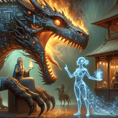 Cyber Dragon Confronts Holographic Woman at Temple