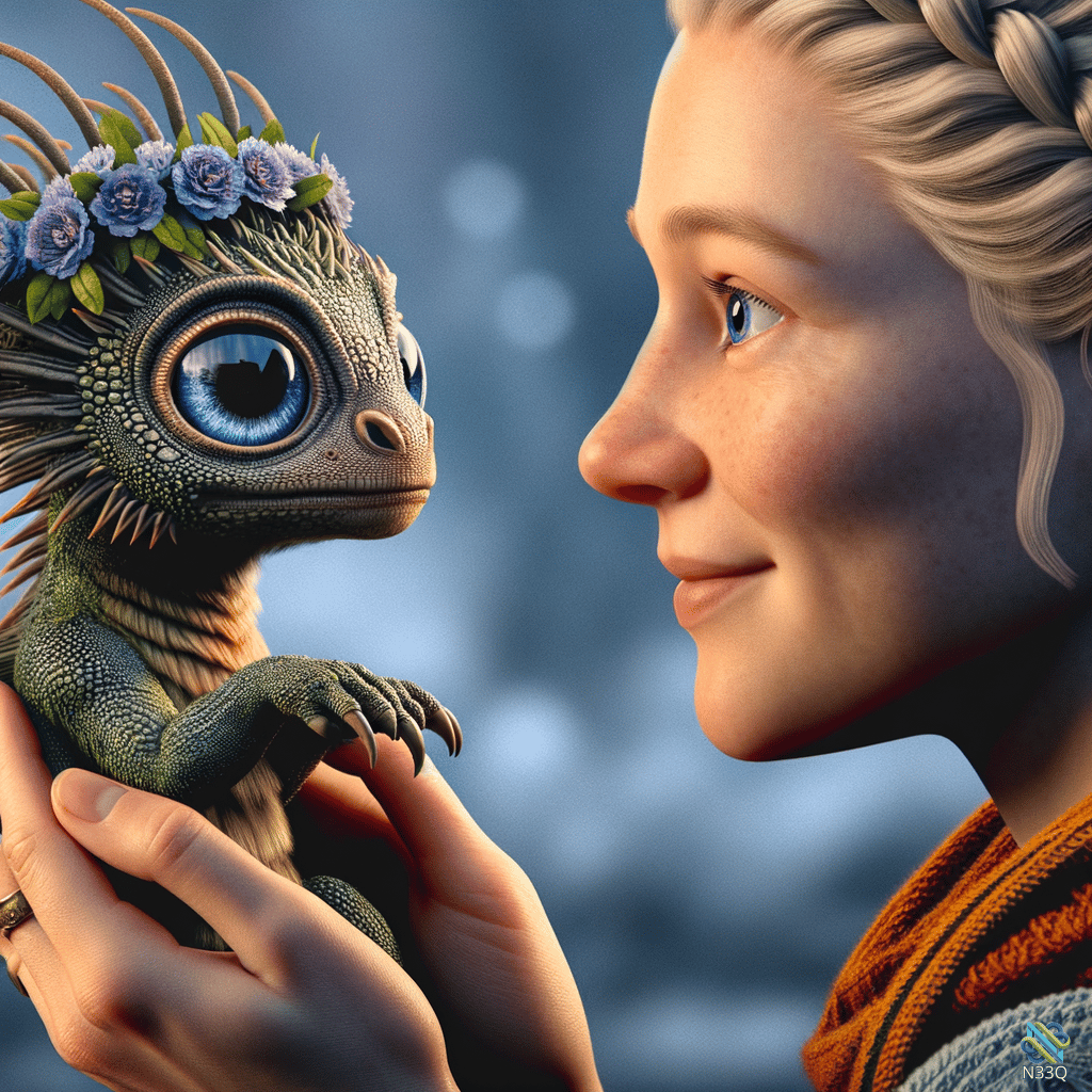 Woman Holding Flower-Crowned Baby Dragon
