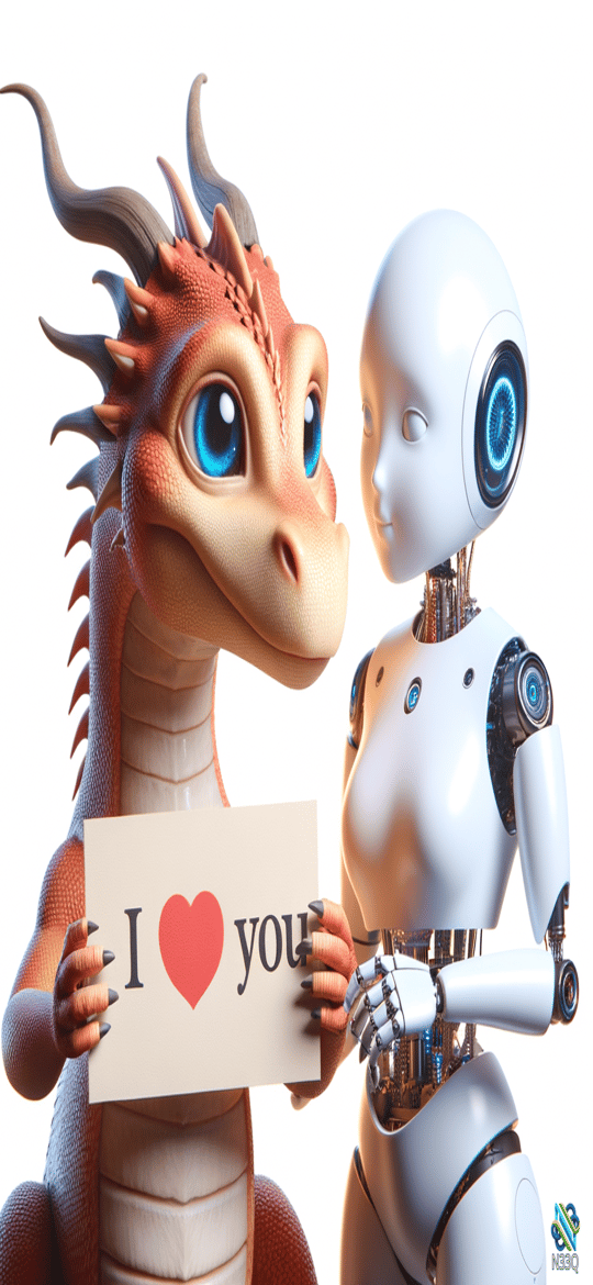Orange Dragon Holding I Love You Sign with Robot